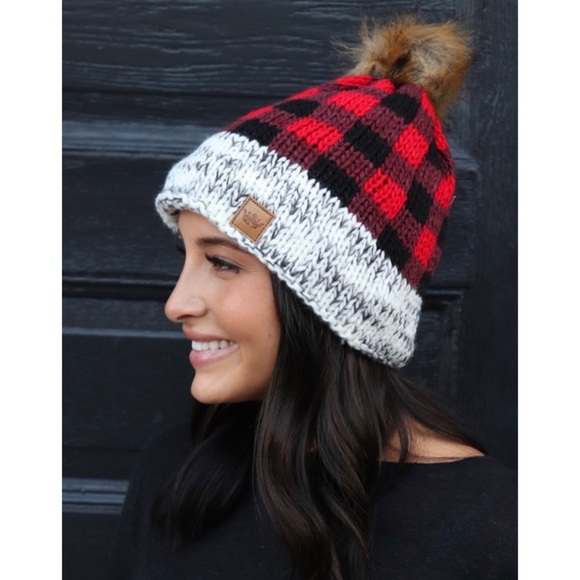 SOLD OUT Red & Brown Buffalo Plaid Fleece Lined Beanie - Picture 3 of 5